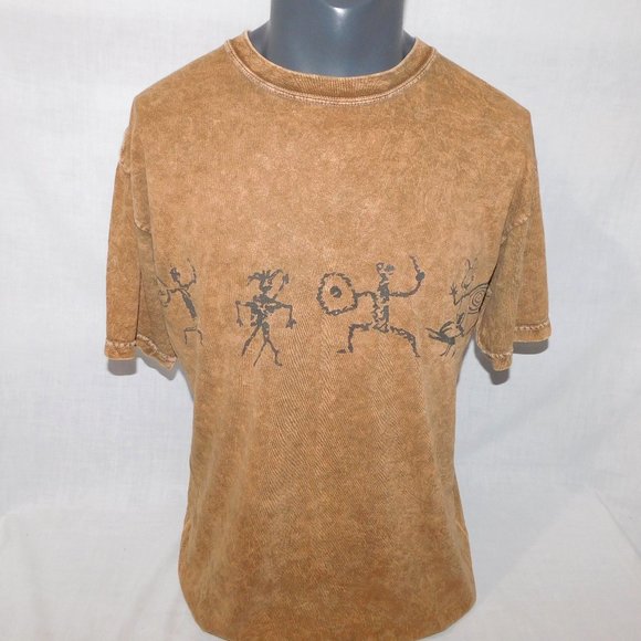 VTG 90s Stone Aged Rockwear Mens L Brown Shirt Petroglyphs Native acid wash - Picture 1 of 11